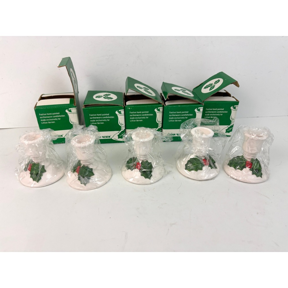 Lillian Vernon Christmas Candle Holders Set 5 Holly Berry Earthenware Boxed